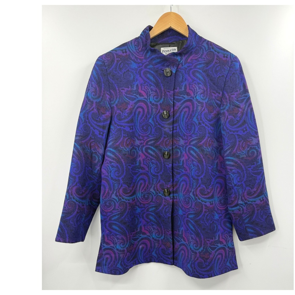 Vintage Pendleton Womens Wool Paisley Blazer Jacket Purple Blue Size 14